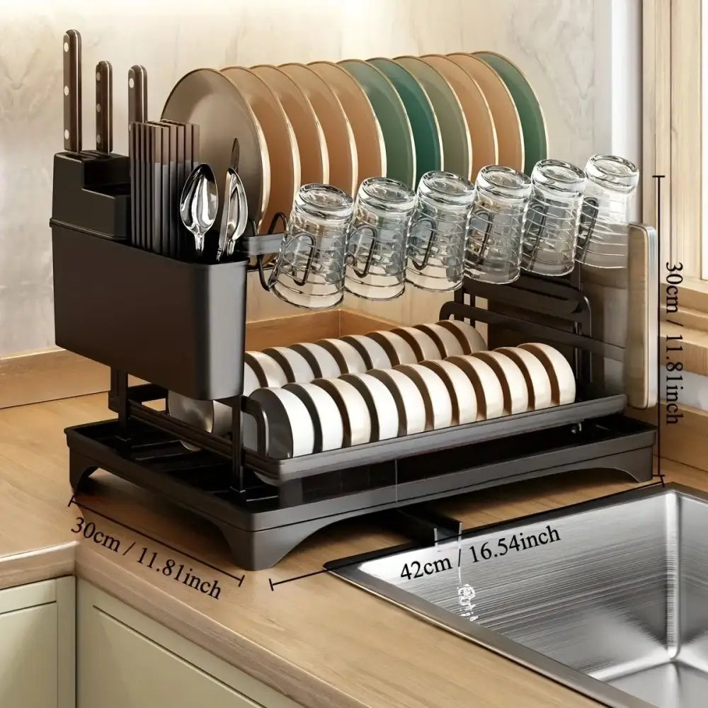 Black metal 2 tier dish drying rack kitchen storage holder