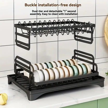 Black metal 2 tier dish drying rack kitchen storage holder