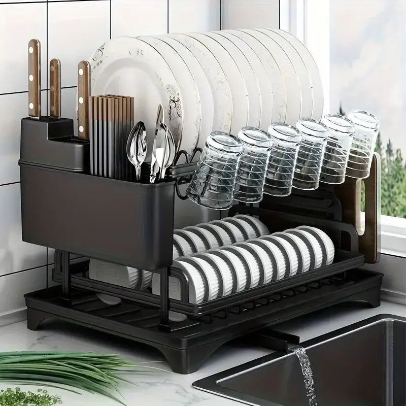 Black metal 2 tier dish drying rack kitchen storage holder