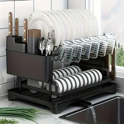 Black metal 2 tier dish drying rack kitchen storage holder