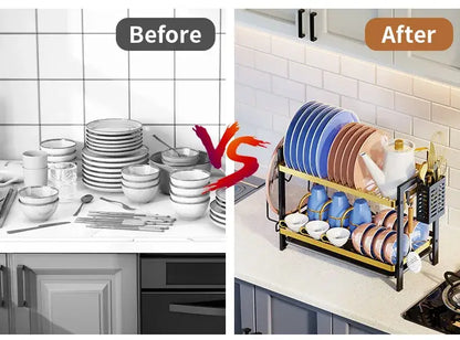 Black metal 2 tier kitchen dish rack with utensil holder