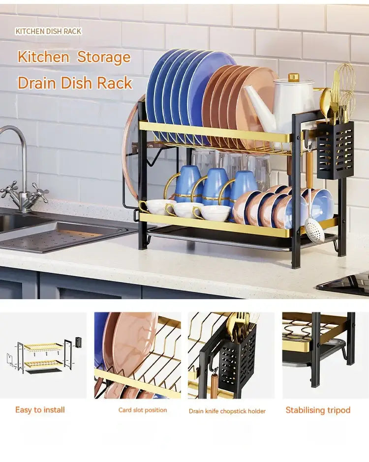 Black metal 2 tier kitchen dish rack with utensil holder