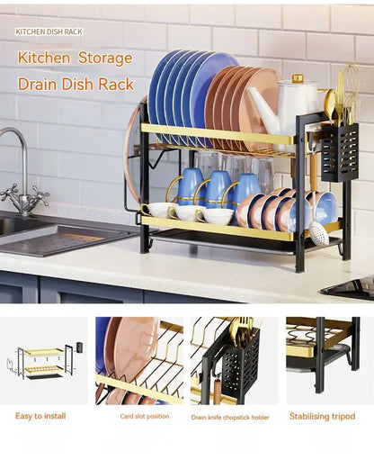 Black metal 2 tier kitchen dish rack with utensil holder