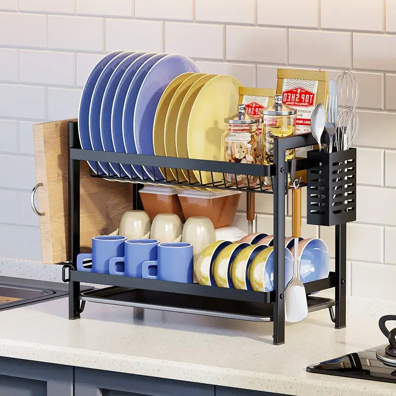 Black metal 2 tier kitchen dish rack with utensil holder