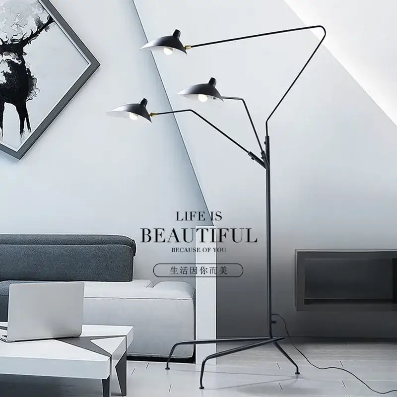 Black metal 3-arm floor lamp for living room with adjustable shades
