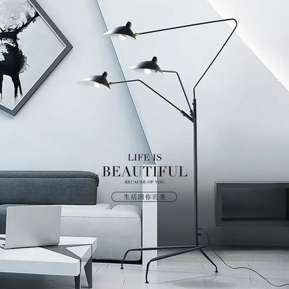 Black metal 3-arm floor lamp for living room with adjustable shades