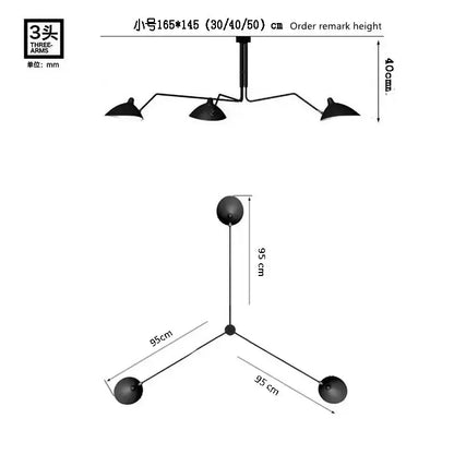 Black metal 3-arm floor lamp for living room with adjustable shades