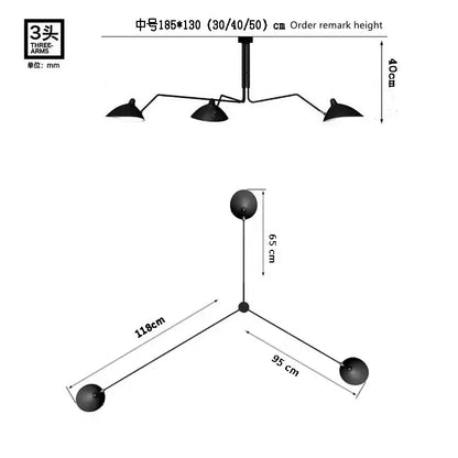 Black metal 3-arm floor lamp for living room with adjustable shades