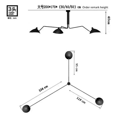 Black metal 3-arm floor lamp for living room with adjustable shades