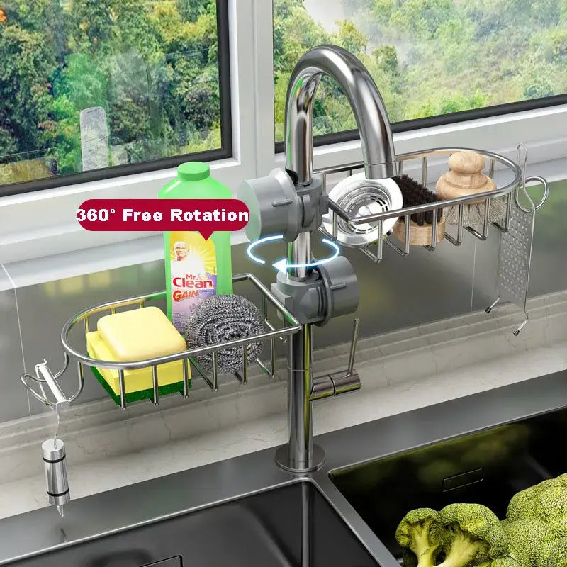 Black metal adjustable kitchen sink rack with soap dish and hooks