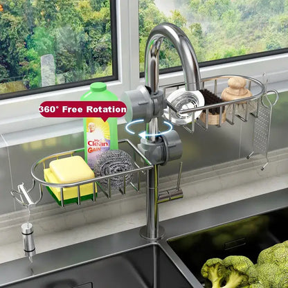 Black metal adjustable kitchen sink rack with soap dish and hooks