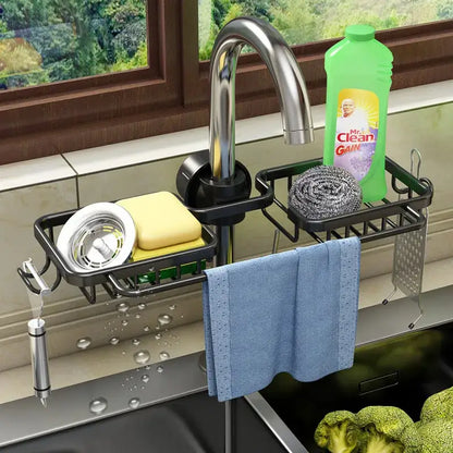 Black metal adjustable kitchen sink rack with soap dish and hooks