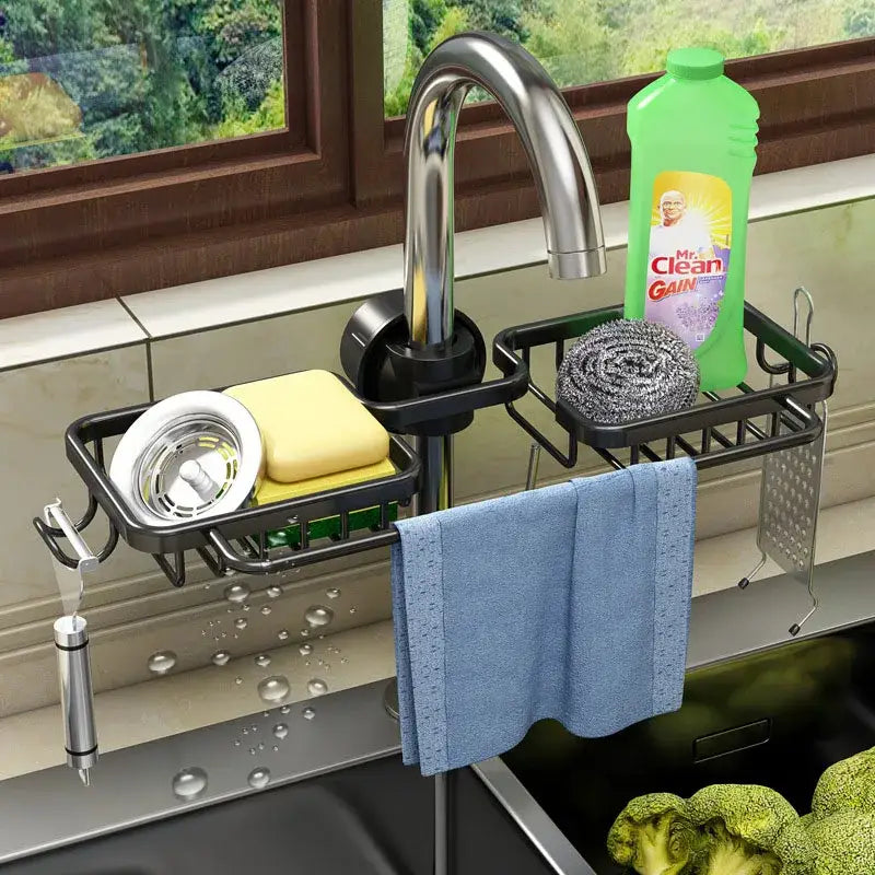 Black metal adjustable kitchen sink rack with soap dish and hooks