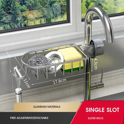 Black metal adjustable kitchen sink rack with soap dish and hooks