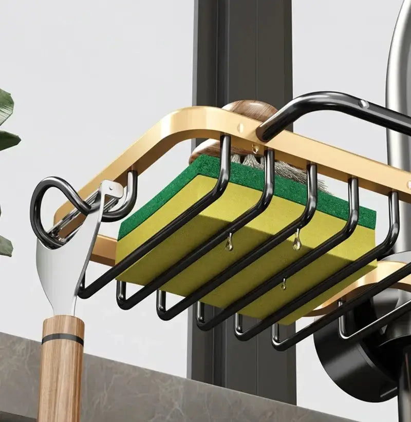 Black metal adjustable kitchen sink rack with soap dish and hooks