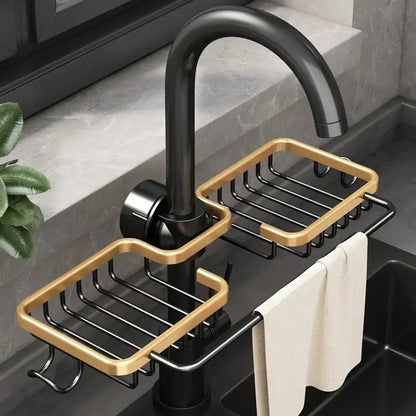 Black metal adjustable kitchen sink rack with soap dish and hooks