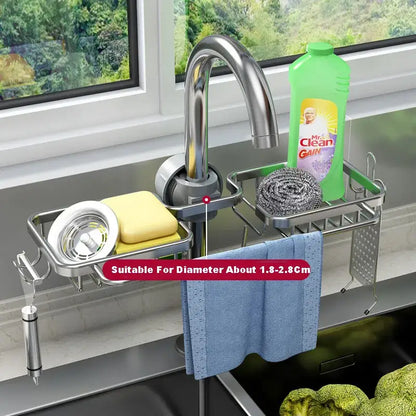 Black metal adjustable kitchen sink rack with soap dish and hooks