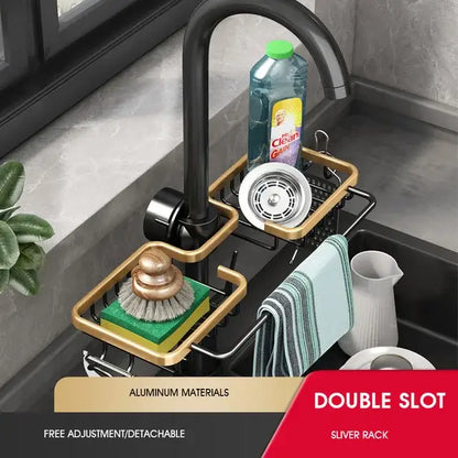 Black metal adjustable kitchen sink rack with soap dish and hooks