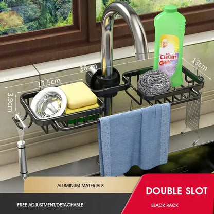 Black metal adjustable kitchen sink rack with soap dish and hooks
