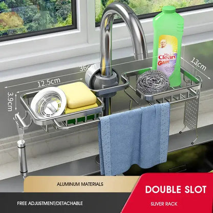Black metal adjustable kitchen sink rack with soap dish and hooks