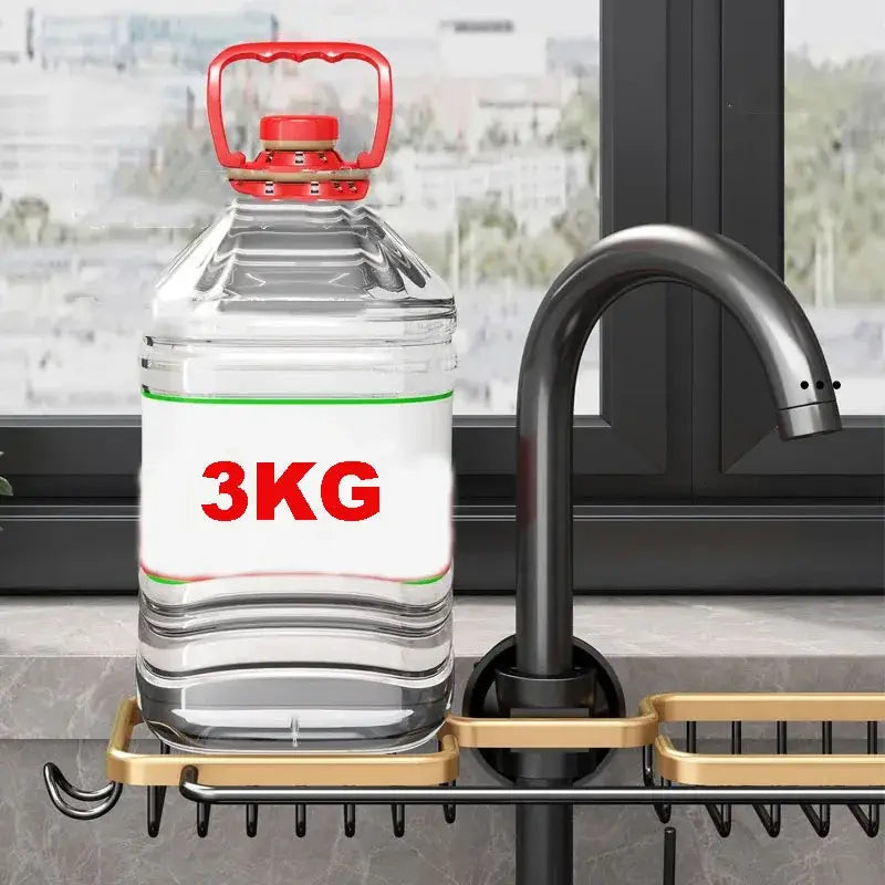 Black metal adjustable kitchen sink rack with soap dish and hooks