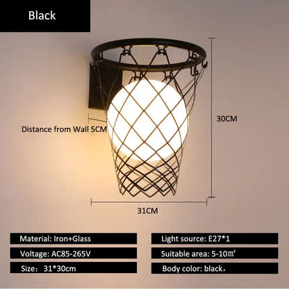 Black metal basketball wall lamp – bedroom creative hoop light