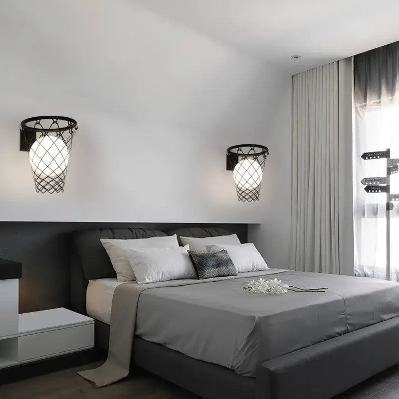 Black metal basketball wall lamp – bedroom creative hoop light