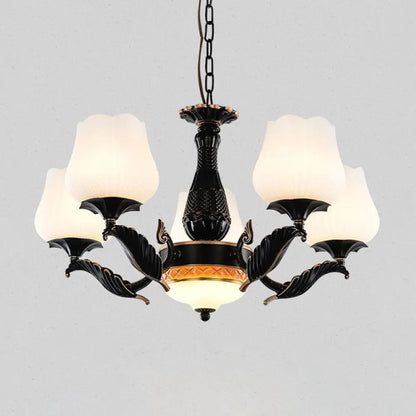 DecorBites™ Black Metal Chandelier with Floral White Glass Shades - 4/6/7 Heads, Sputnik Suspension Pendant
