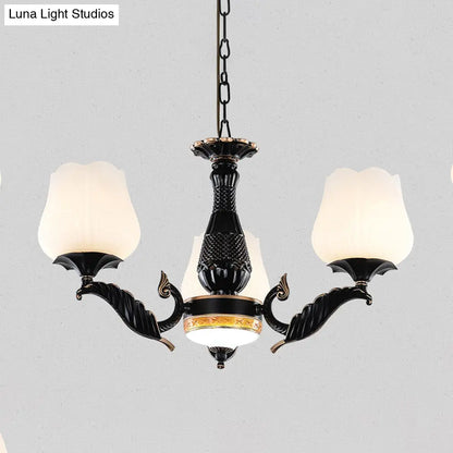 DecorBites™ Black Metal Chandelier with Floral White Glass Shades - 4/6/7 Heads, Sputnik Suspension Pendant