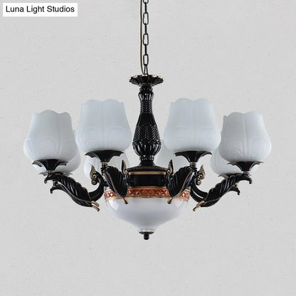 DecorBites™ Black Metal Chandelier with Floral White Glass Shades - 4/6/7 Heads, Sputnik Suspension Pendant