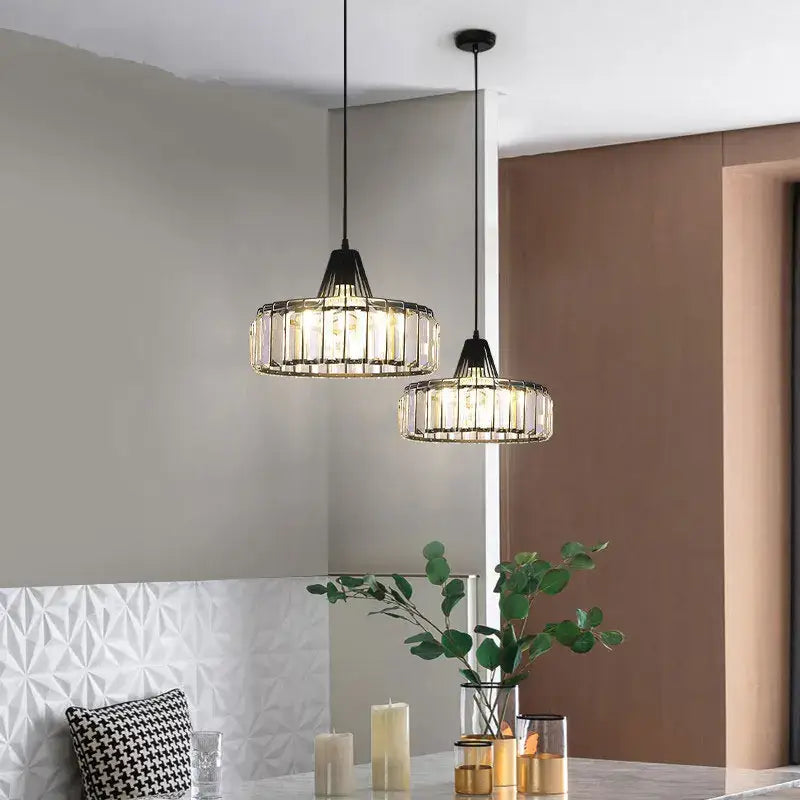 Black metal crystal kitchen pendant lamp with clear prisms