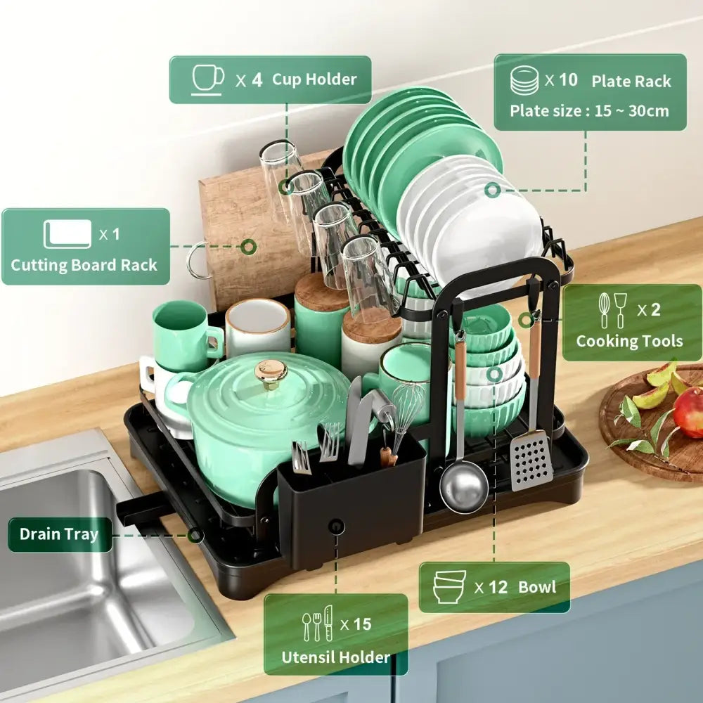 Black metal double layer dish drying rack kitchen storage organizer
