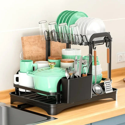 Black metal double layer dish drying rack kitchen storage organizer