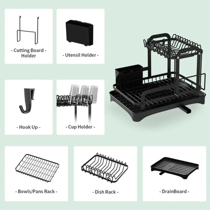 Black metal double layer dish drying rack kitchen storage organizer