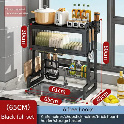 Black metal kitchen cabinet organizer shelf with glass for sink