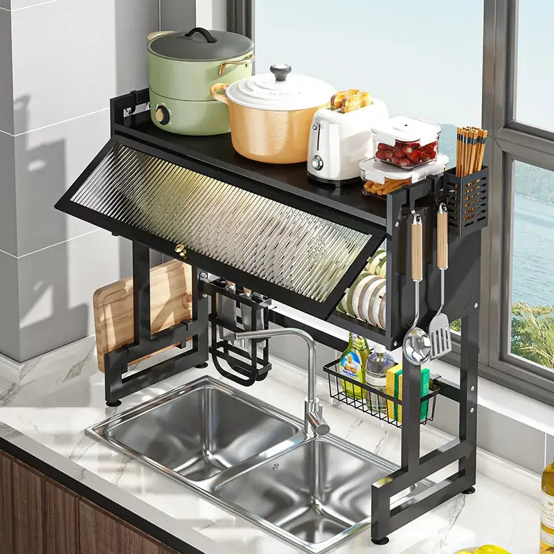 Black metal kitchen cabinet organizer shelf with glass for sink