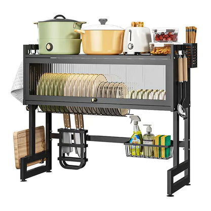 Black metal kitchen cabinet organizer shelf with glass for sink