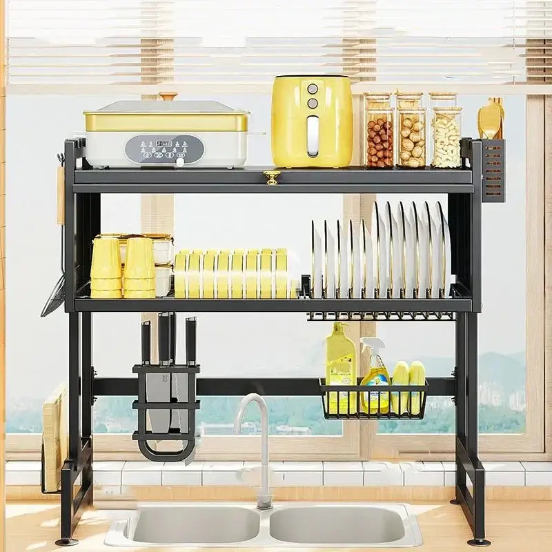 Black metal kitchen cabinet organizer shelf with glass for sink