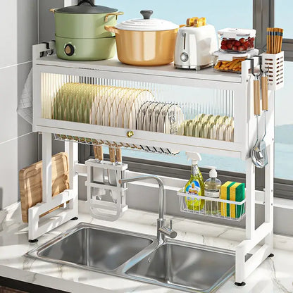 Black metal kitchen cabinet organizer shelf with glass for sink