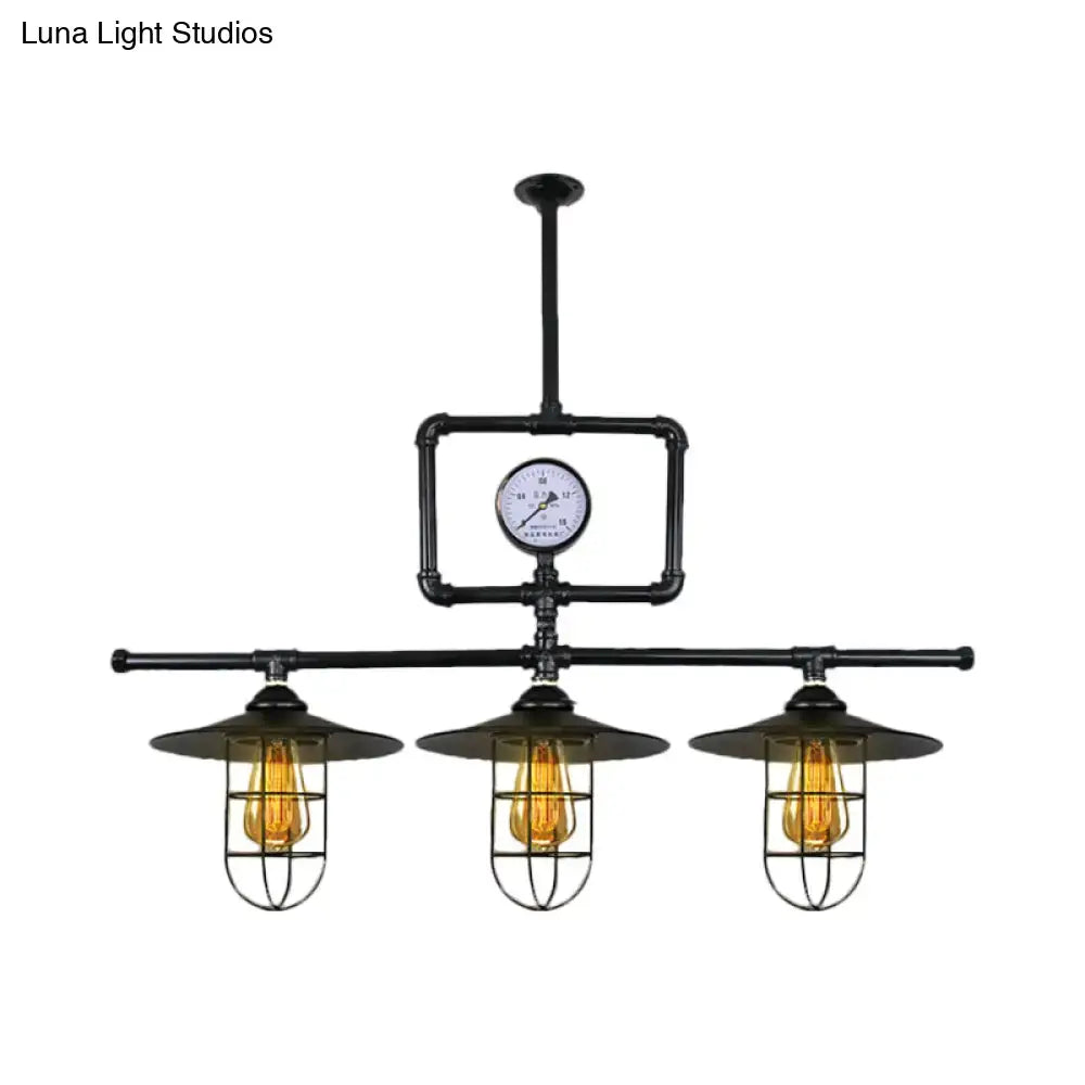 Industrial antiqued black pipe pendant lamp with clock dining room