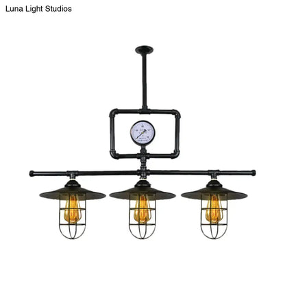 Industrial antiqued black pipe pendant lamp with clock dining room