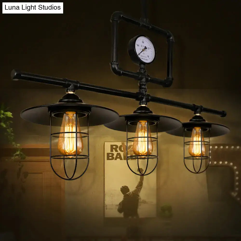 Industrial antiqued black pipe pendant lamp with clock dining room