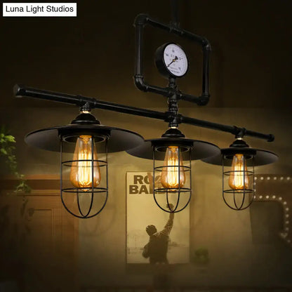 Industrial antiqued black pipe pendant lamp with clock dining room