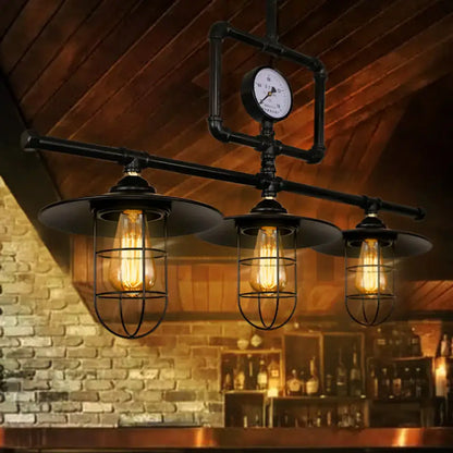 Industrial antiqued black pipe pendant lamp with clock dining room