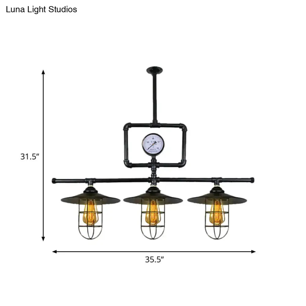 Industrial antiqued black pipe pendant lamp with clock dining room