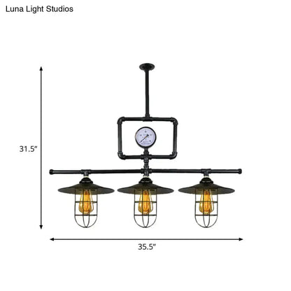 Industrial antiqued black pipe pendant lamp with clock dining room