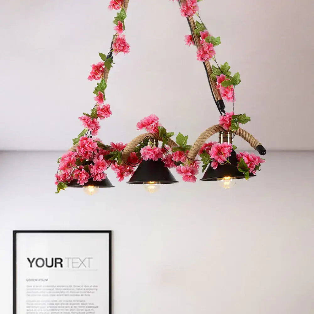 Floral black conical 3-light pendant – kitchen twisted rope ceiling light