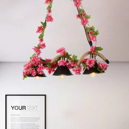 Floral black conical 3-light pendant – kitchen twisted rope ceiling light