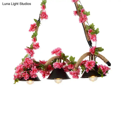Floral black conical 3-light pendant – kitchen twisted rope ceiling light
