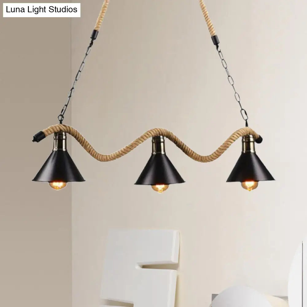 DecorBites™ Black Metal & Rope Pendant Light - Farmhouse Style with Wavy Conic Design, 3/5 Bulbs